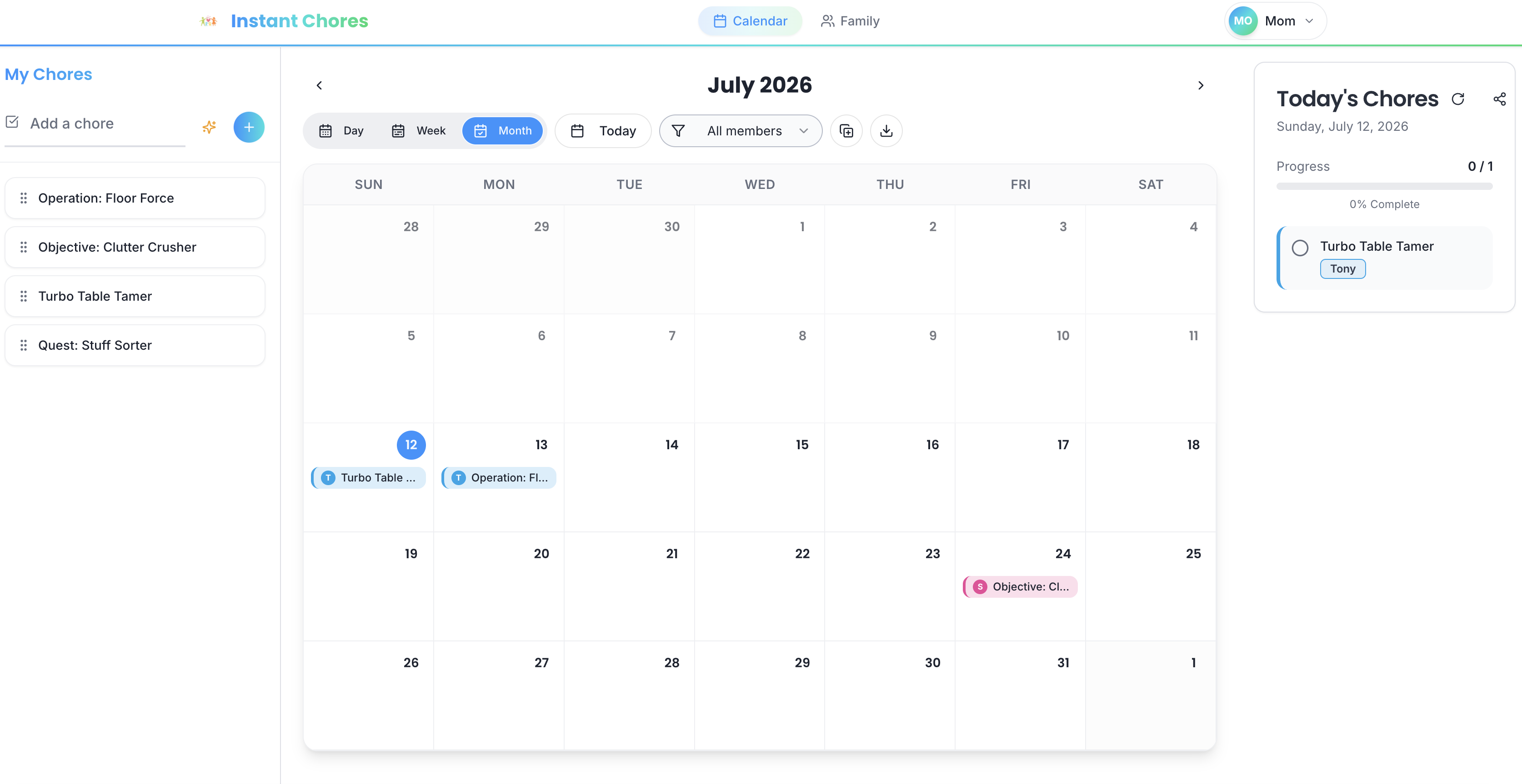 Instant Chores Calendar Interface